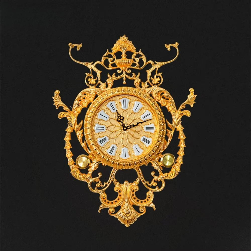 Reloj de Pared Decorativo Clásico de Lujo en Cobre Antiguo con Baño de Oro de 24K, con Termómetros e Higrómetros