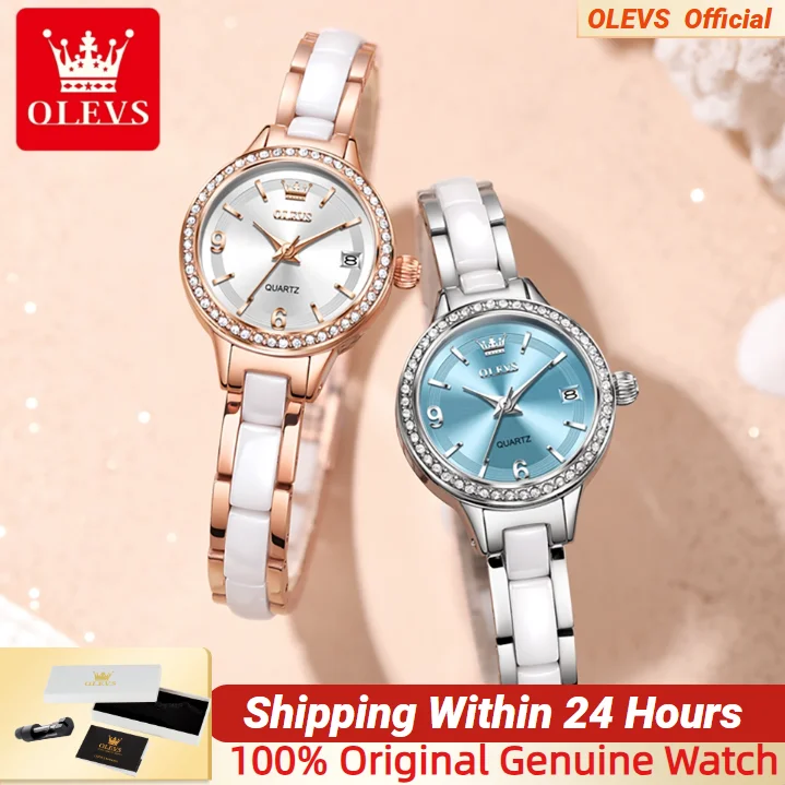 OLEVS Women Watch High Quality Ceramic Strap Fashion Elegant Auto Calendar Ladies Wristwatch