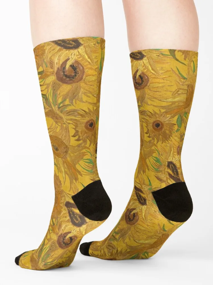 Van Gogh Sunflowers yellow green brown black Socks luxury anti-slip fashionable bright garter Woman Socks Men's