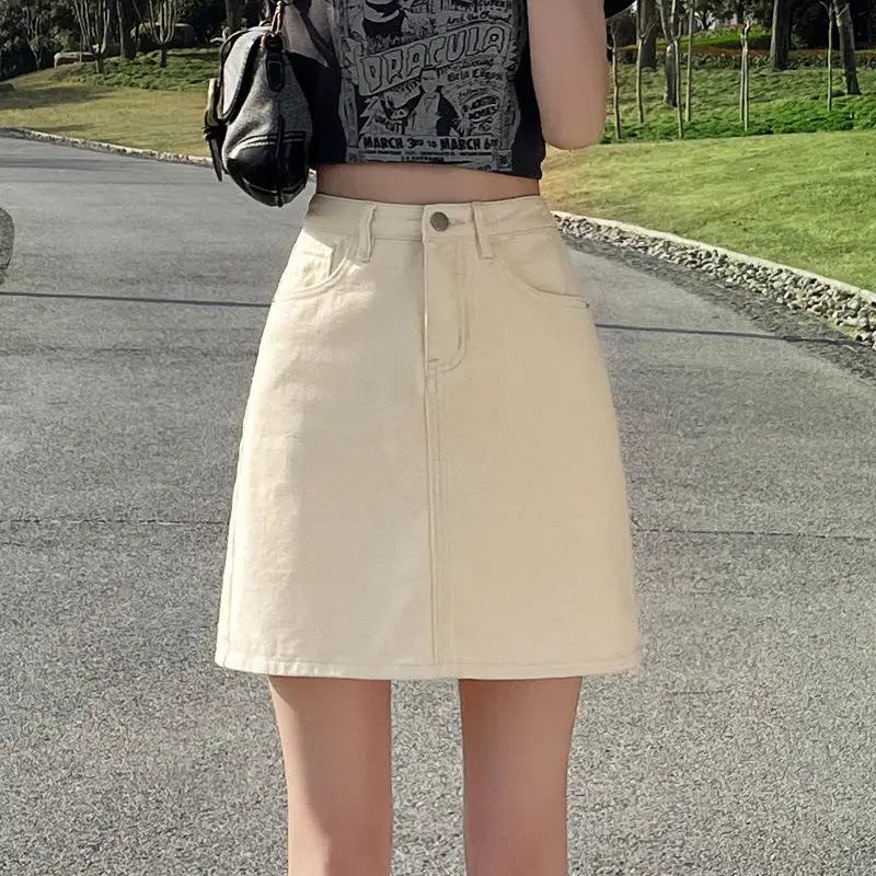 

Casual Simple High Waist Denim Skirt Women's Spring Summer New Loose Slim A-Line Denim Skirts Pure Color Short Skirts