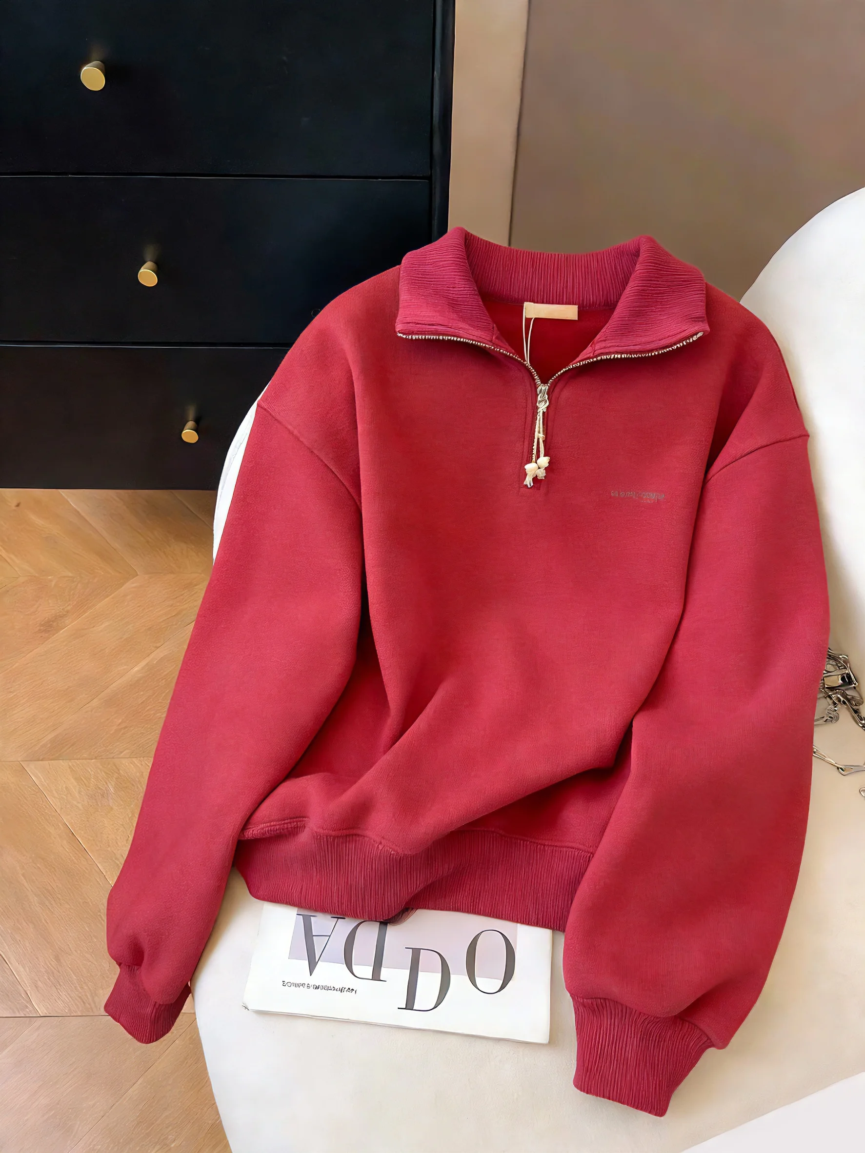 

Red Long Sve Hoodie Women's Spring Autumn Loose Fit Slimming Top Zipper Stand Collar Casual Sle Polyester Fiber