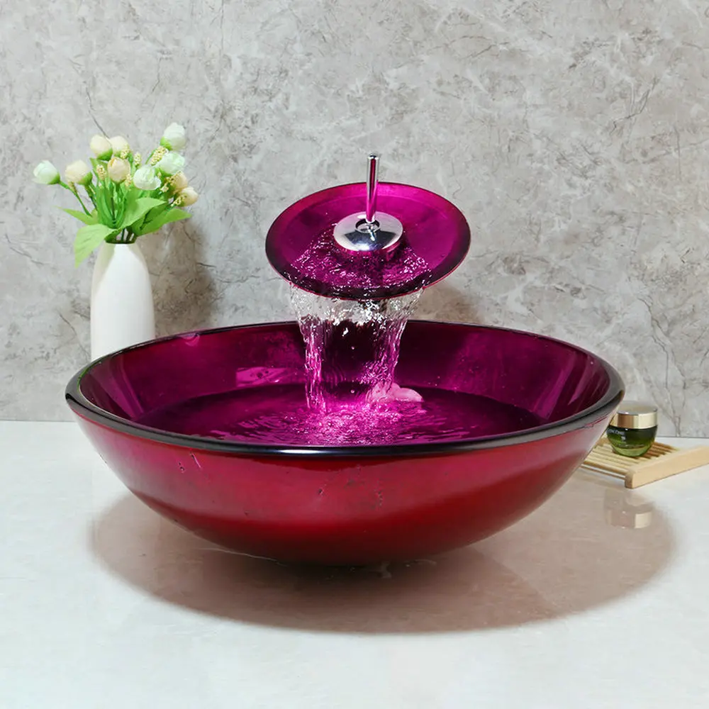 Imagem -03 - Ouboni Rosa Vermelho Temperado Bacia de Vidro Pia Único Conjunto Torneira Lavatório Banheiro Bancada Superior Vessel Vanity Sink Toque Mixer