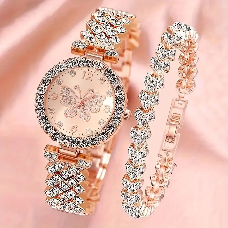 New Women's Watch Butterfly Series Fashion Style Versatile Personality Full Diamond English Steel Belt Watch