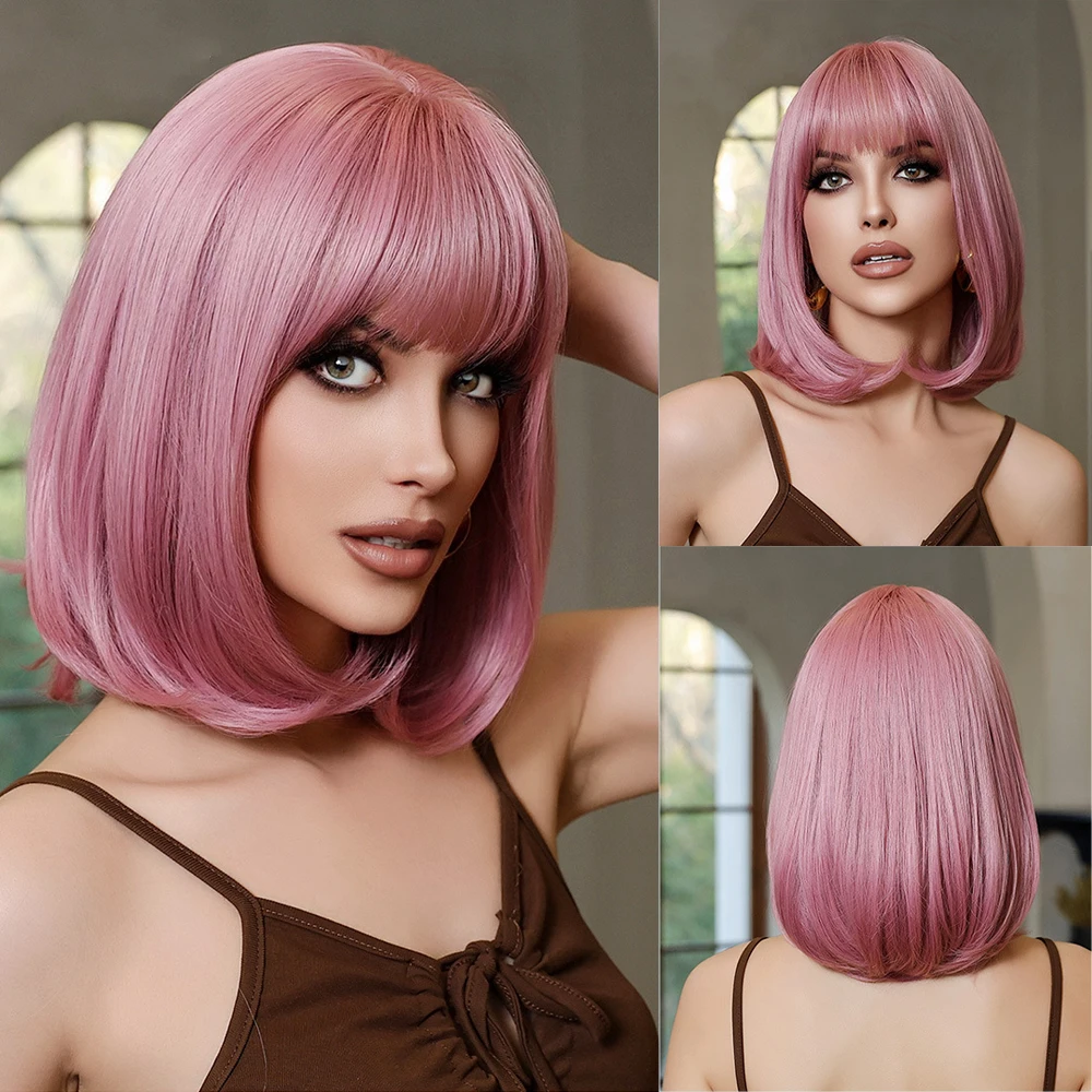 Short Straight Bob Wig With Bangs For Women Natural Looking Heat Resistant Synthetic Hair Multi-color Daily Party Cosplay Use