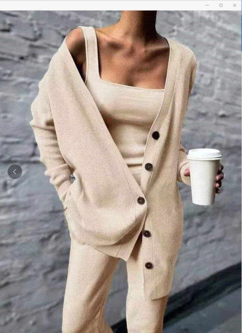 Knitted Three Piece Womens Set Fashion New Outerwear Vest Pants Set for Women