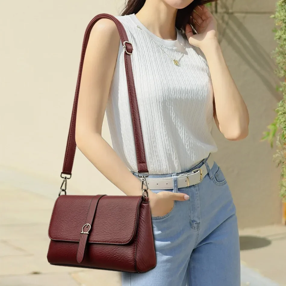 Stylish Compact Women’s Leather Crossbody Bag Two Strap Shoulder Bag Trendy Small Square Messenger Bag for Daily Use Purse