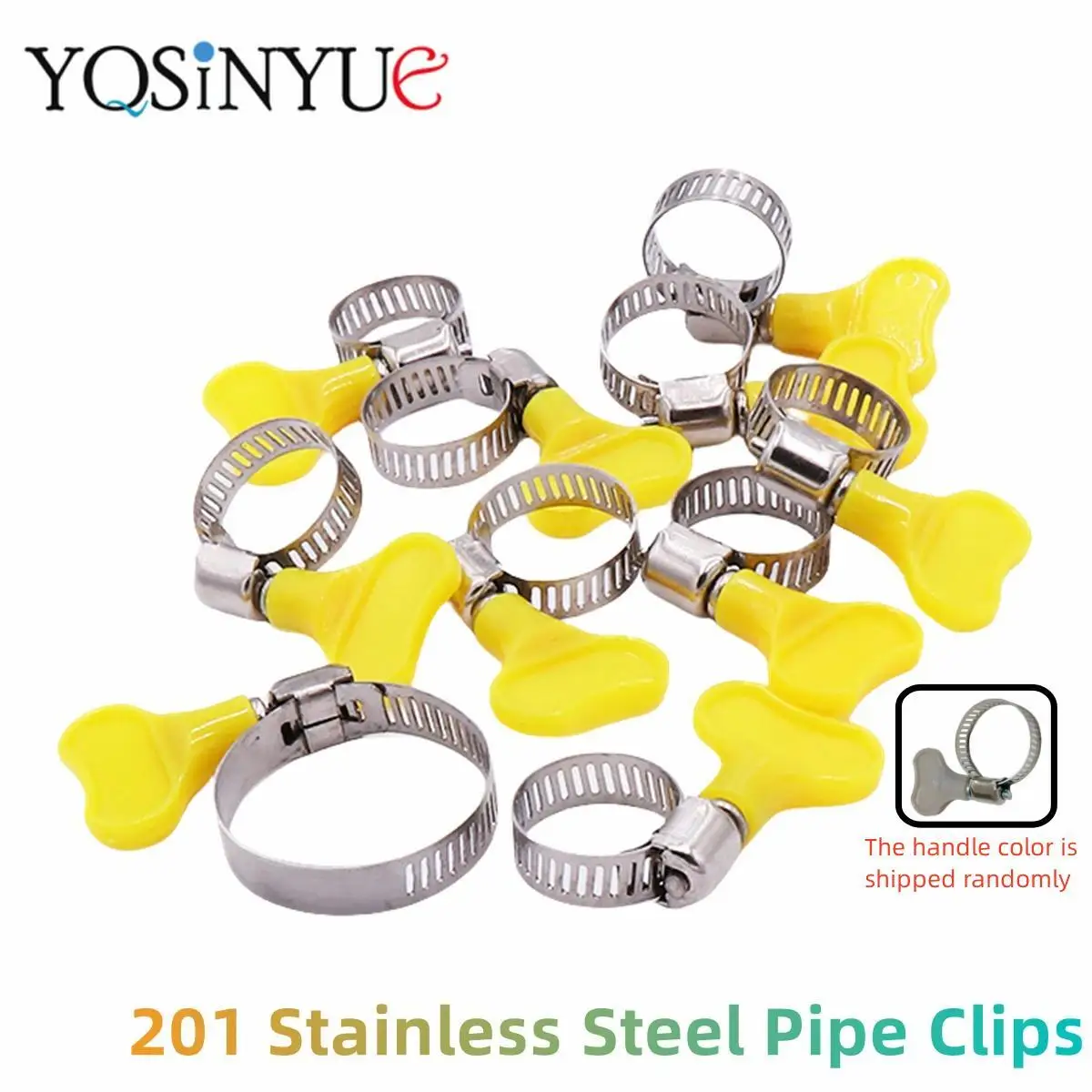 1 5 10PCS Adjustable 8-44mm 201 Stainless Steel Pipe Clips For Tube Yellow Plastic Handle Hand Twist Hose Clamps Worm Driving