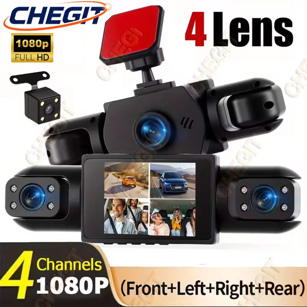 4 canaux 360 °   Caméra de tableau de bord pour voiture, enregistreur vidéo 1080P, DVR, objectif 3/4 avant à l'intérieur en option, vue arrière, Vision nocturne, boîte noire dashcam voiture，caméra de