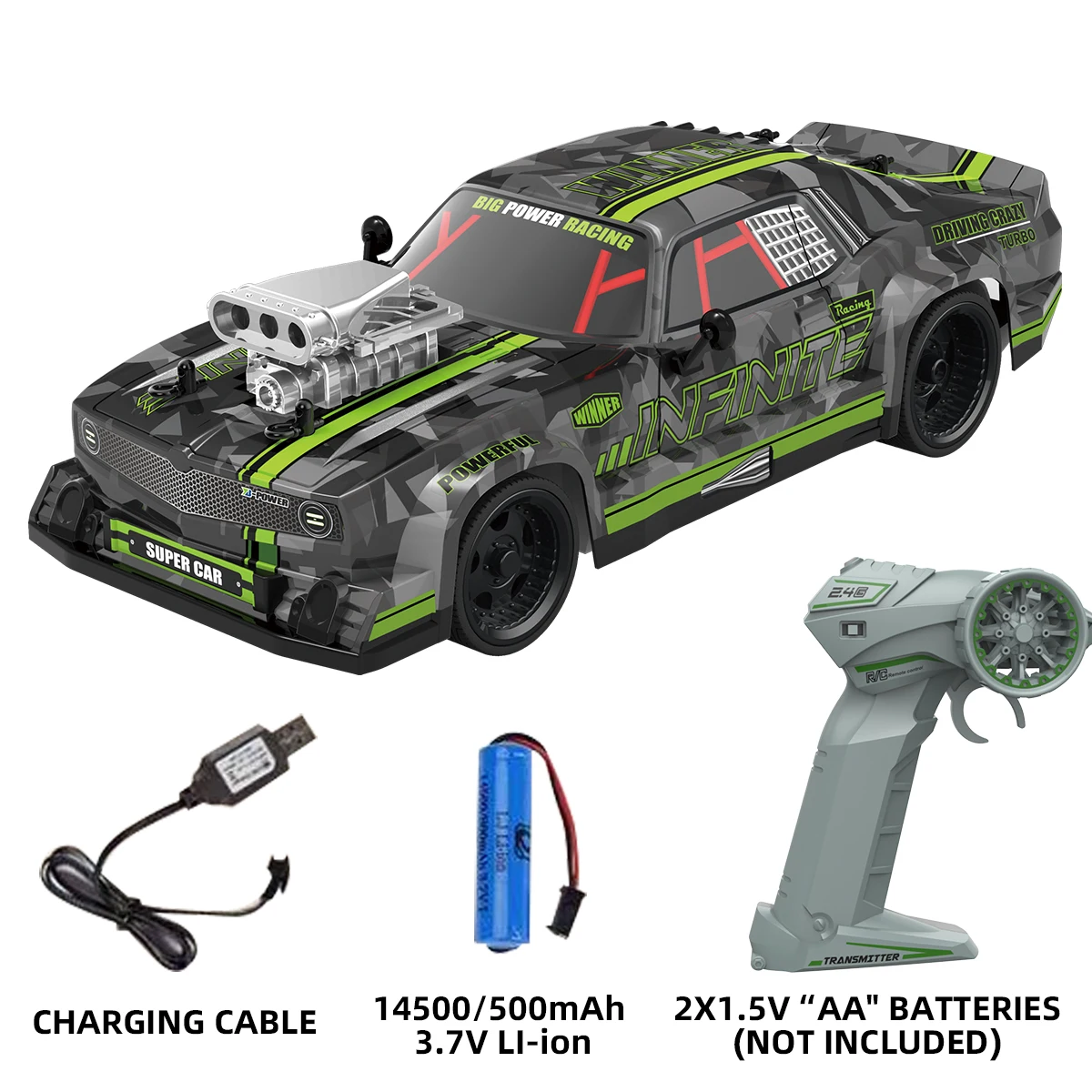 Kids High‑Speed RC Racing Car, ABS Modified Drift Vehicle With Cool Decals For Boys Indoor Play.