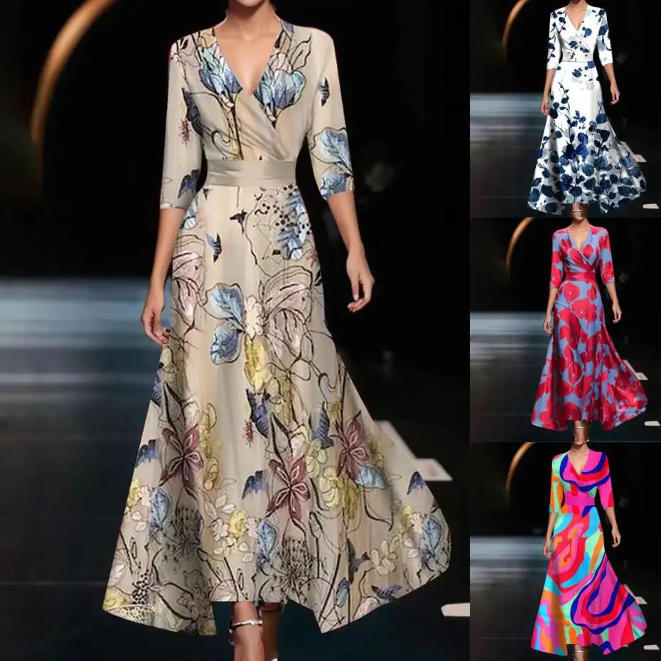 

BluWin Elegant Three Quarter Sleeve Long Dresses For Women 2025 Fashion Floral Print V Neck A-line Party Maxi Dress Female