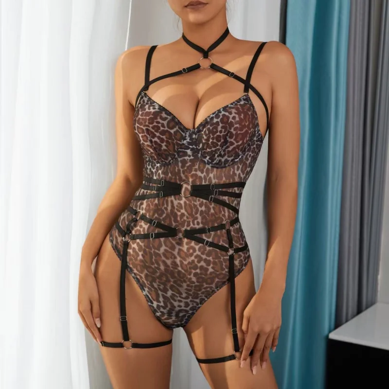 섹시 란제리 레오파드 프린트 슬림 바디수트 플러팅 본디지 코르셋 세트