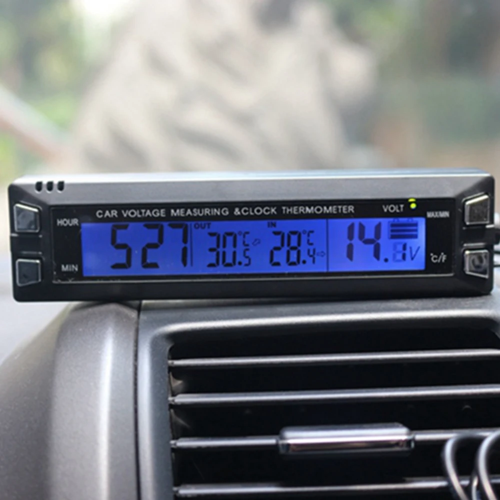 Car Voltmeter Thermometer Gauge Ice Reminder Alarm 1.35M Outdoor Probe Cable Cigarette Lighter Powered