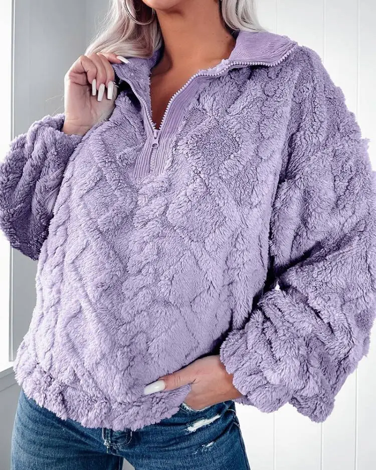 Women Cable Textured Fleece Sweatshirt Half Zip Stand Collar Long Sleeve Oversized Loose Pullover Tops