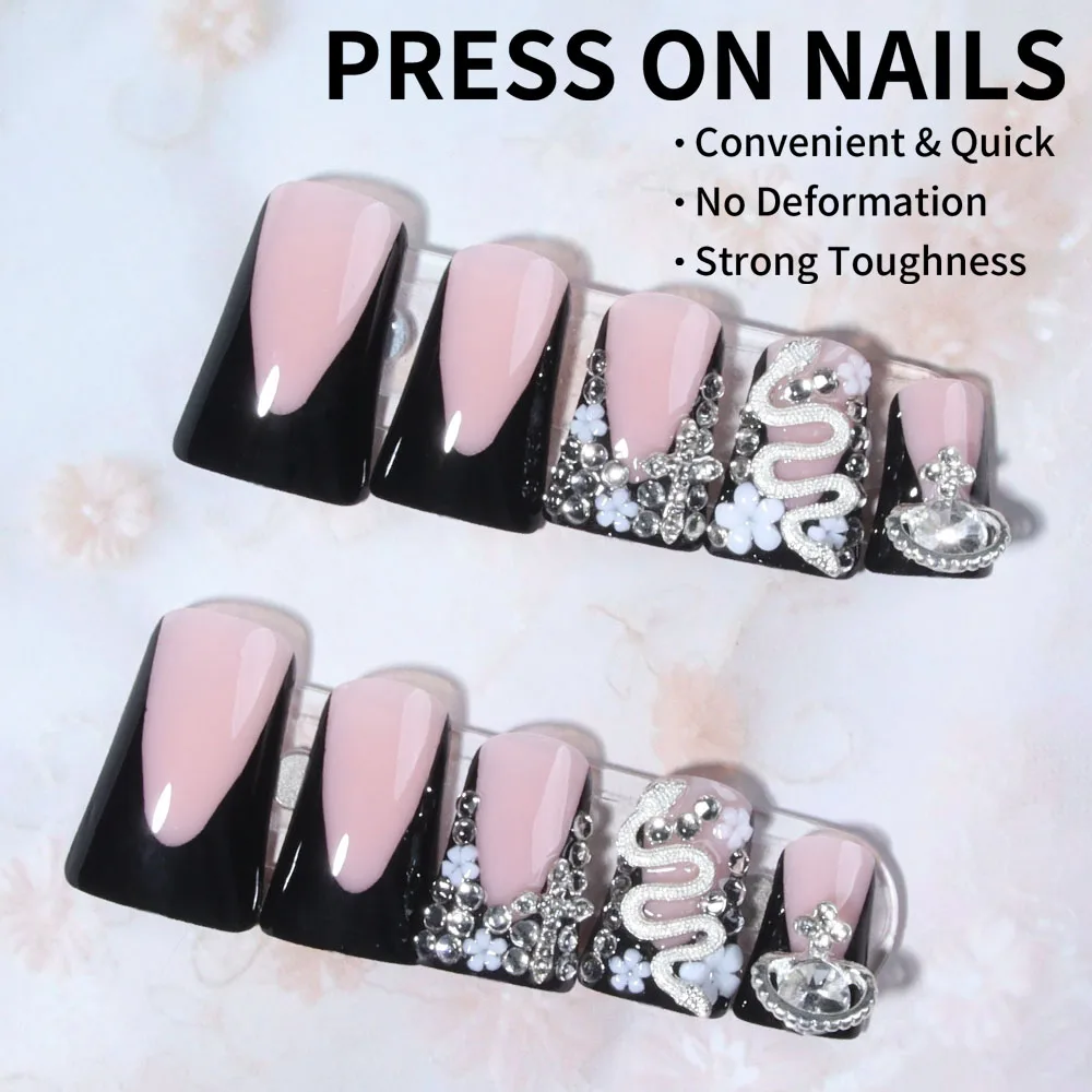 24 pièces Long canard noir pointe française presse sur ongles croix en alliage 3D, décoration en forme de serpent avec design en strass adapté parfaitement