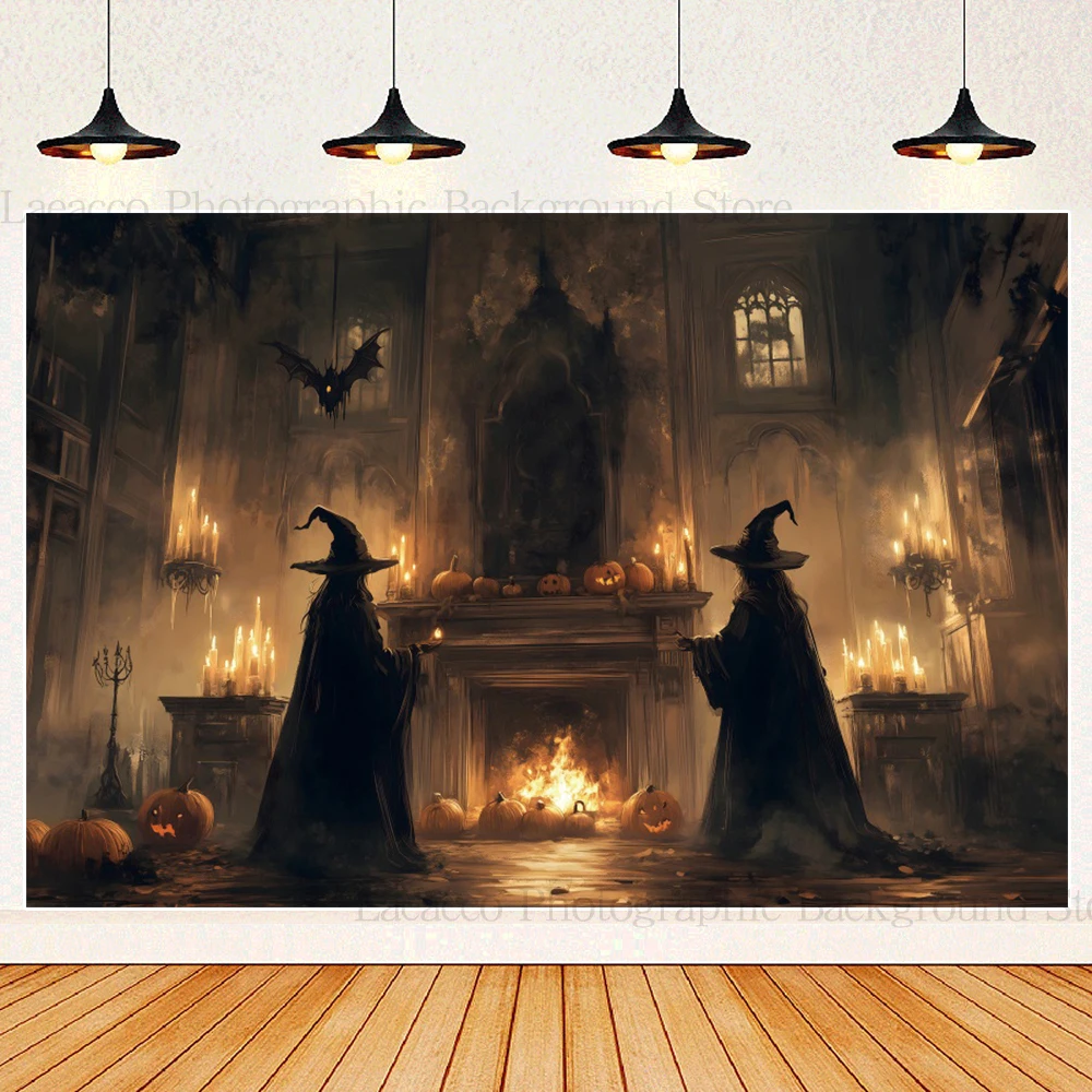 Witchcraft Candles Background Scary Flower House Witch Church Burning Divination Pumpkin Lights Halloween Night Backdrop Decor