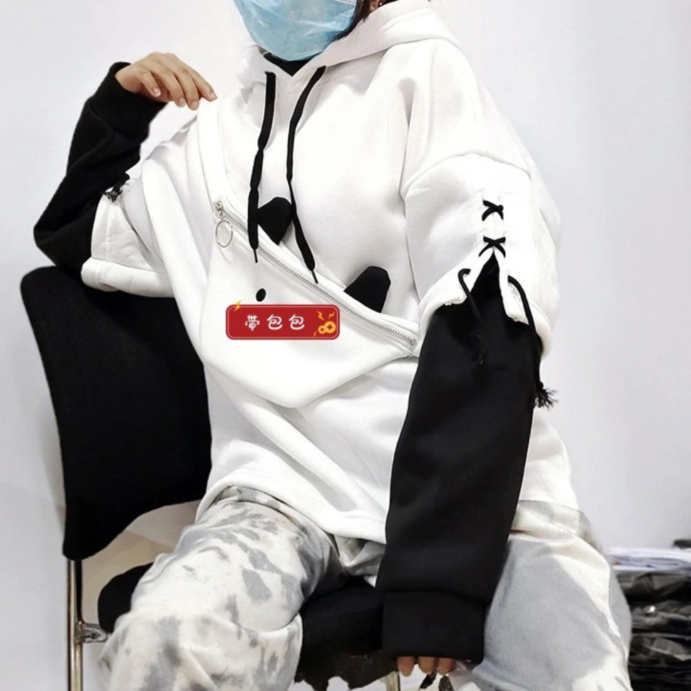 Cute Panda Color Block Hoodie Women Contrast Color Raglan Sleeve Panda Face Zipper Pocket Loose Long Sleeve Pullover Sweatshirt