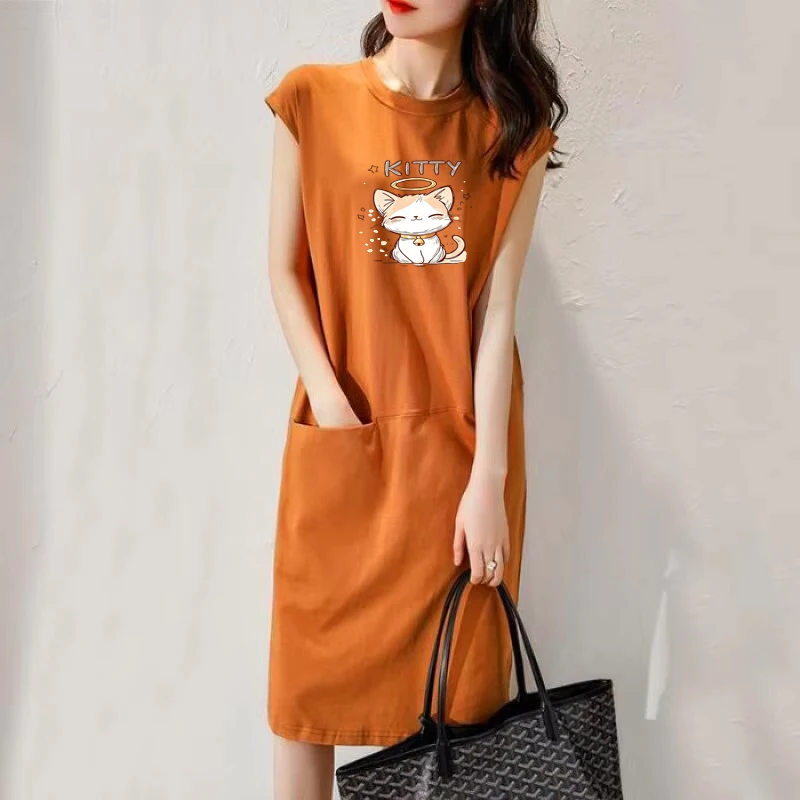Summer Popular Loose And Slim Cartoon T-shirt Over Knee Dress Women's Mid Length Fairy Dress