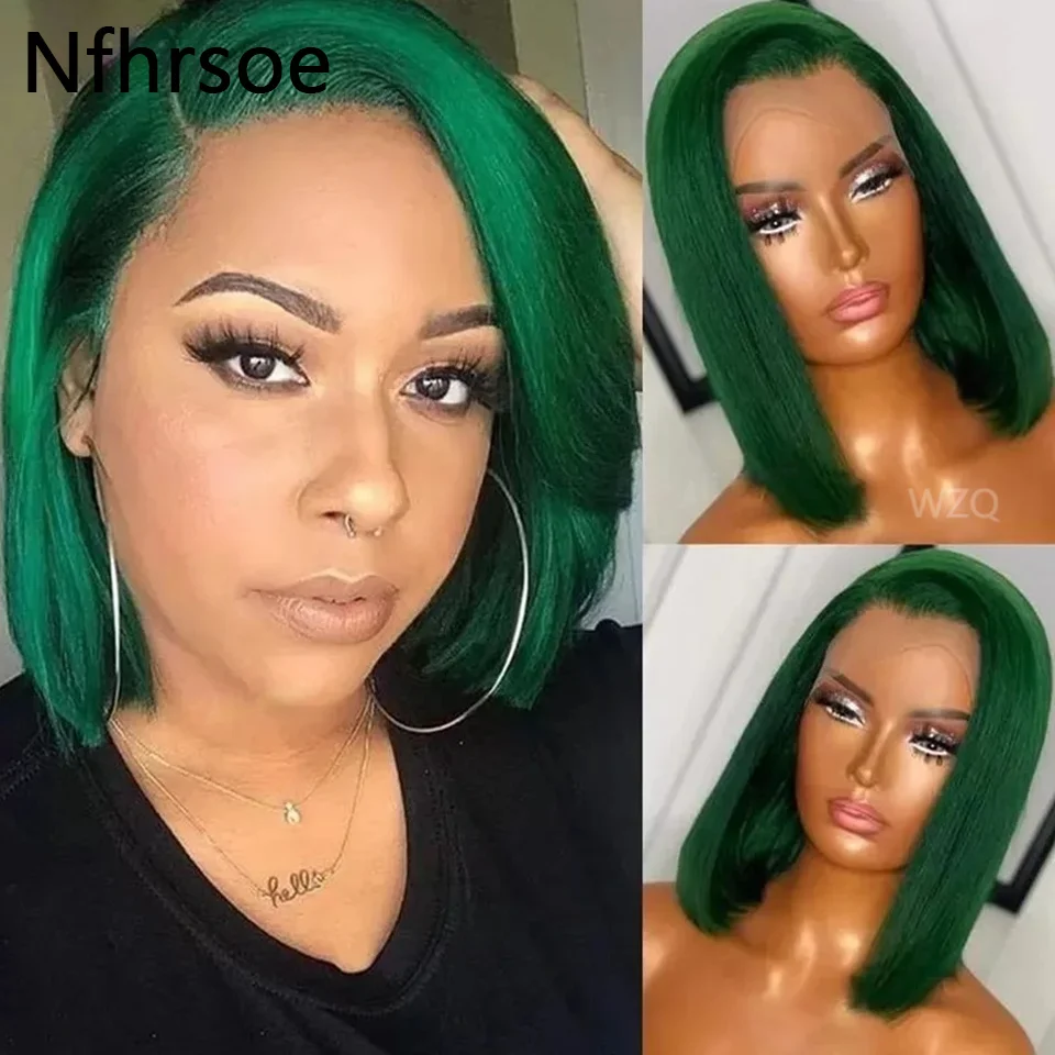 

Green Color Short Straight Bob Wig Brazilian Remy 13x4 Lace Front Wigs Human Hair Pre Plucked 180 Density 13x6 Lace Frontal Wigs