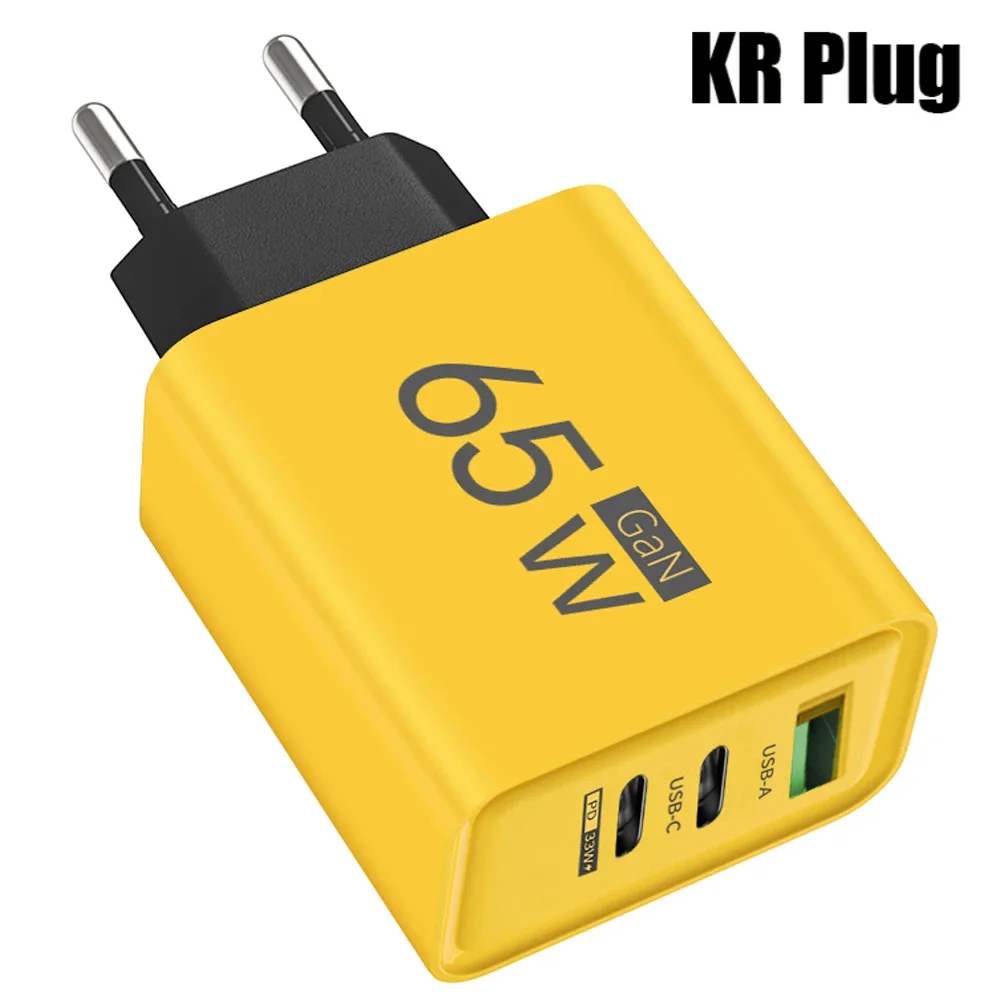 65 W GaN USB-Ladegerät, 3 Anschlüsse, PD Typ C, schnelles Aufladen, EU/US/KR-Stecker, Reise-Wandadapter, Schnellladung, USB-C-Ladegerät, Netzteil