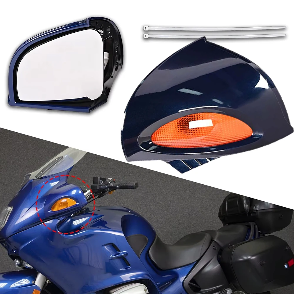 Motorcycle Rear View Mirror Assembly With Turn Signal Light Indicators Amber Lens Dark Blue For BMW R1100RT R1100RTP R1150RT
