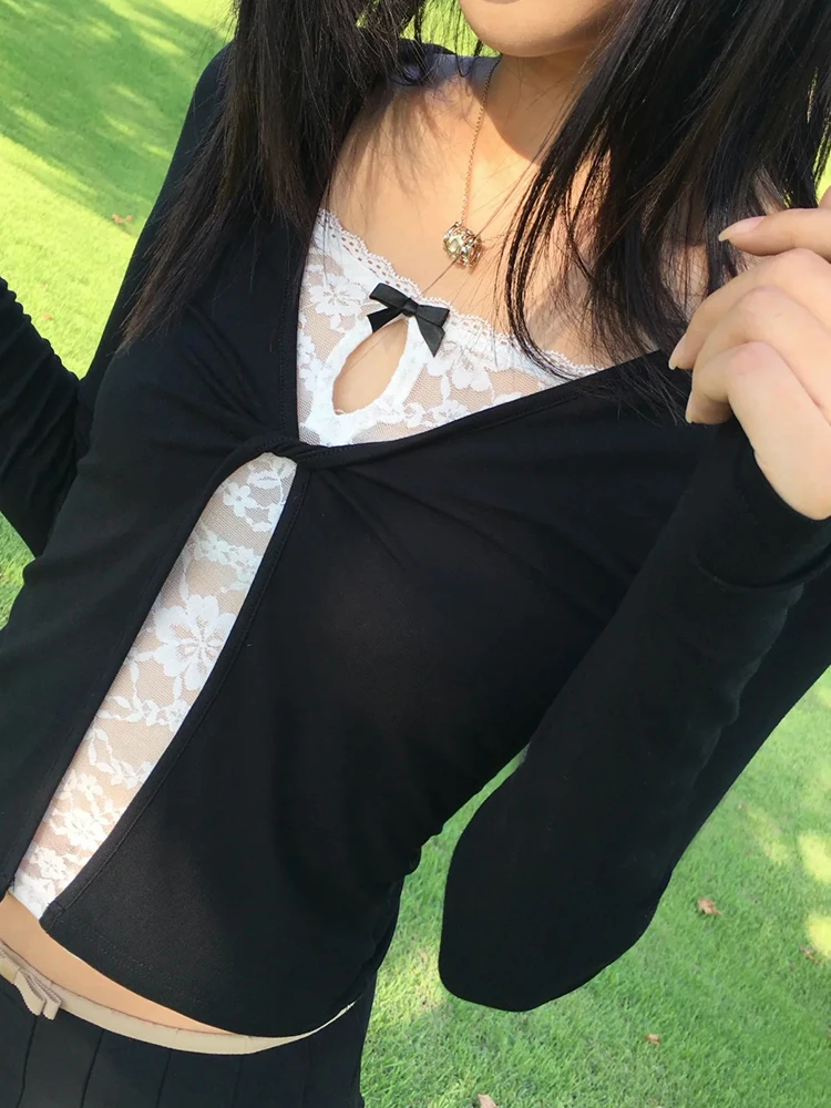 Tonngirls Y2k Japanisches T-Shirt für Damen, langärmelig, mit Patchwork und Spitze, kurzes Oberteil, Streetwear, Vintage- und Grunge-Oberteile, ästhetisches T-Shirt im Stil der 2000er Jahre. – Detail 11