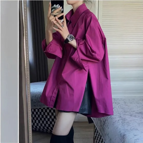 

2026 New Women's Premium Magenta Button Up Shirt Loose Fit Unique Design Commute Fashion Mid Length Casual Sun Protection Top