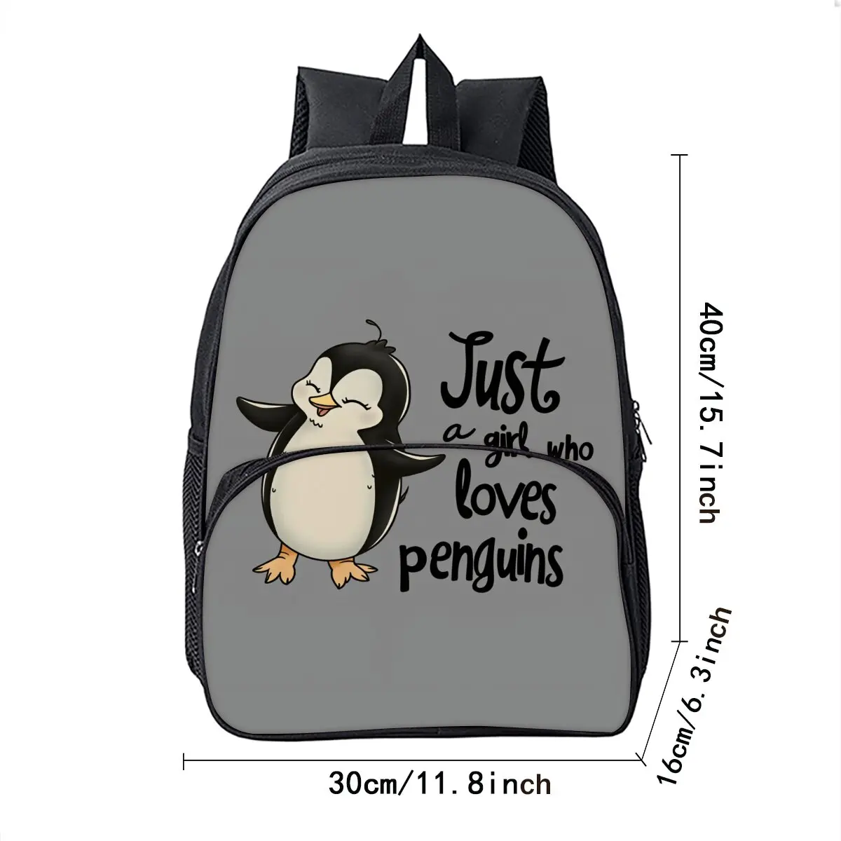 Penguin Print School Backpack for Boys/Girls Best Gift Waterproof 2D Flat Cartoon Round Front Pocket Bag for Children