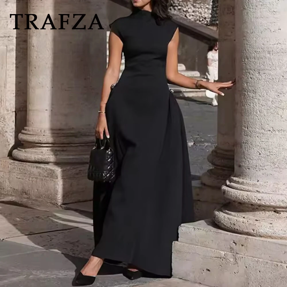 

TRAFZA Vintage Brown Elegant Woman Dresses Fashion 2025 Pleated Asymmetric Sleeveless Dress Chic Evening Party Female Vestidos