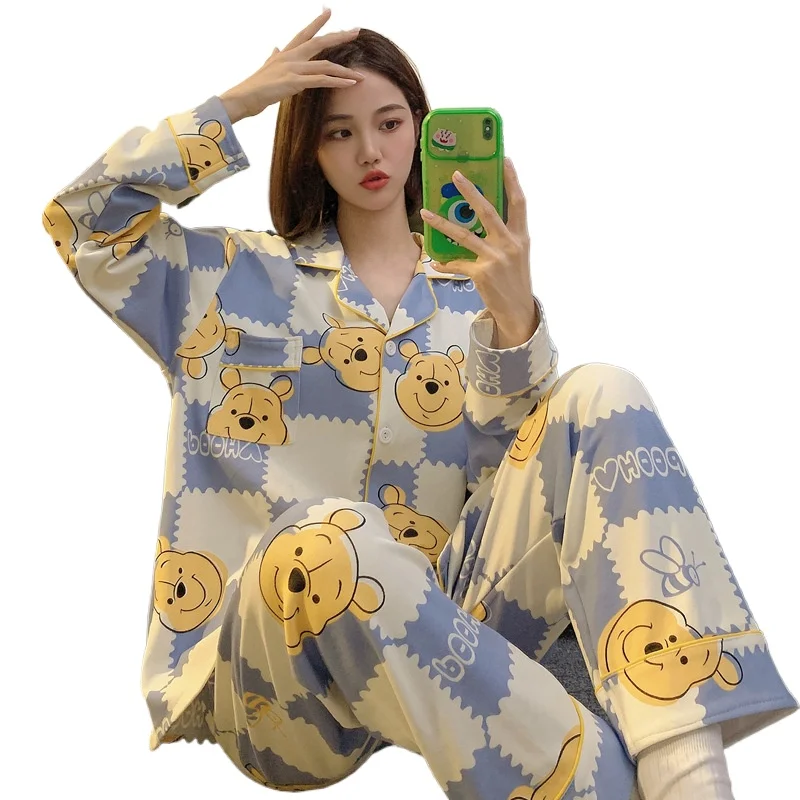 Disney Winnie the Pooh autumn new pajamas female cartoon cute cotton lapel cardigan long-sleeved sweet loungewear set