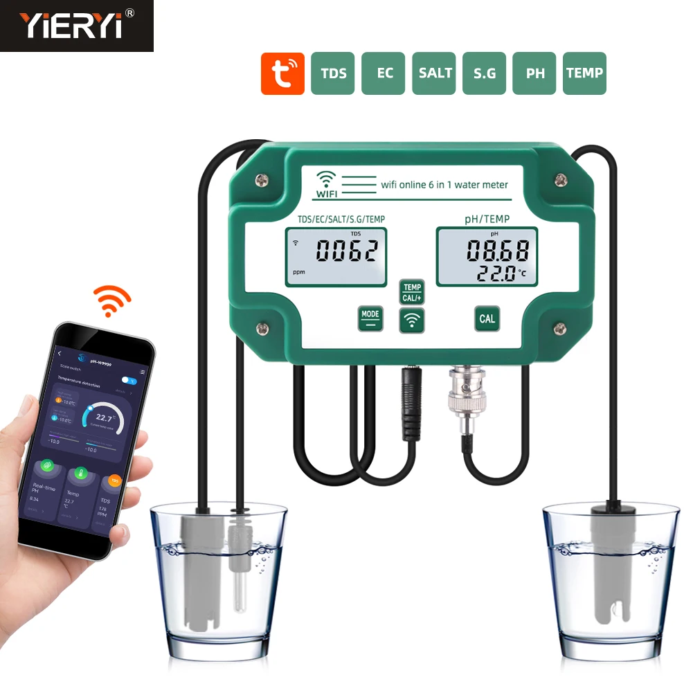 Digital WiFi PH EC TDS SALT SG.Temp Meter Water Quality Tester Data Logger 6-in-1 Smart Monitor Tuya APP Control US/EU/UK Plug