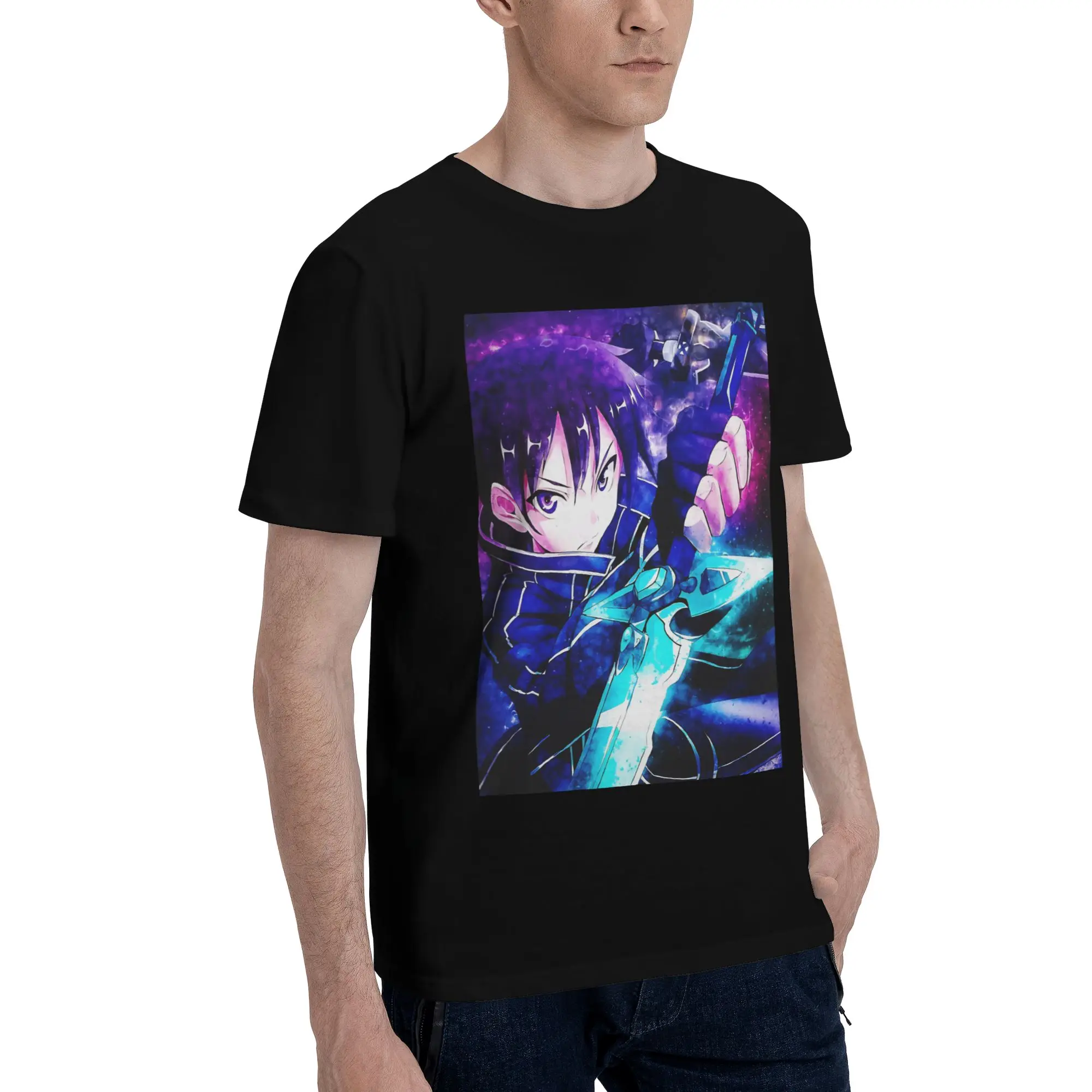 Kirito Blue Aura Neon Cosmic Heroic Focus  Funny Graphic 100% Cotton T-Shirt Bandai SAO Tees Tops For Men