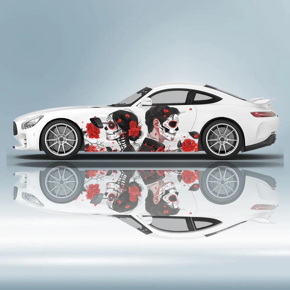 Men and Women with Skull Makeup Car Vinyl Wraps Decal Self-adhesive PVC Sticker Suitable for Trucks SUV Decor Auto Accessories