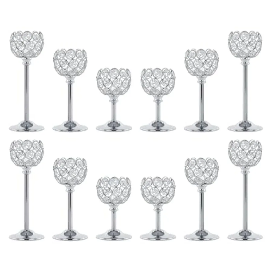 Crystal Candle Holders 4 Set of 12 - Sliver Vintage Hollow Ball Candle Stand for Table Centerpiece Crystal Metal Tealight Candl