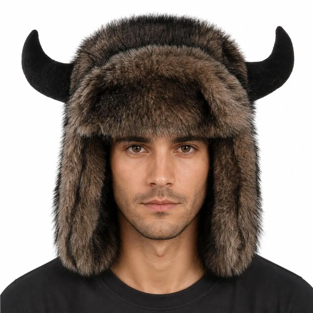 Soft Thick Horn Hat Faux Fur Lined Cow Head Shape Ear Protection Hat Keep Warm with Ear Flaps Winter Ski Hat Men