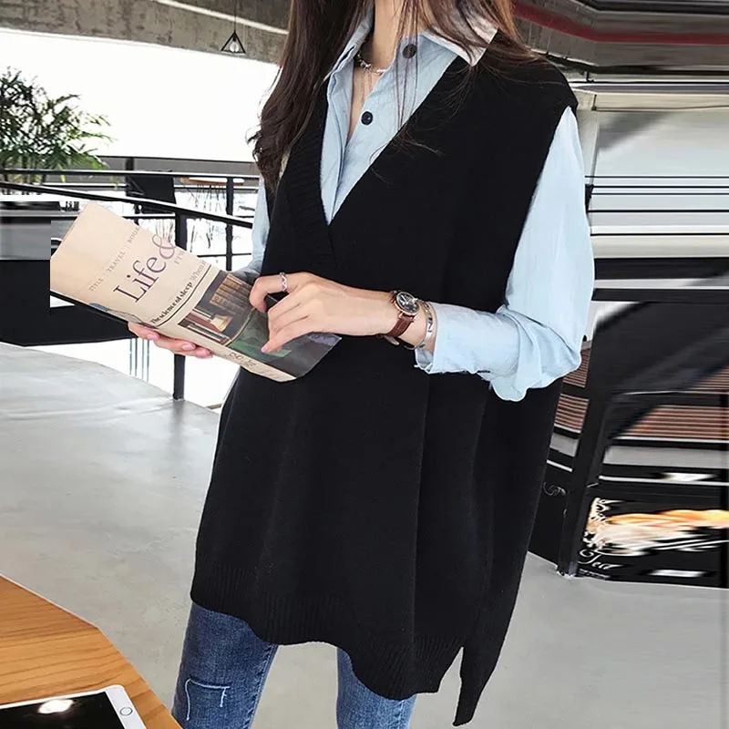 2024 Autumn Winter Knitted Casual Sleeveless V Neck Women Sweater Vest Solid Oversized Warm Pullover Loose Women Clothes 12239