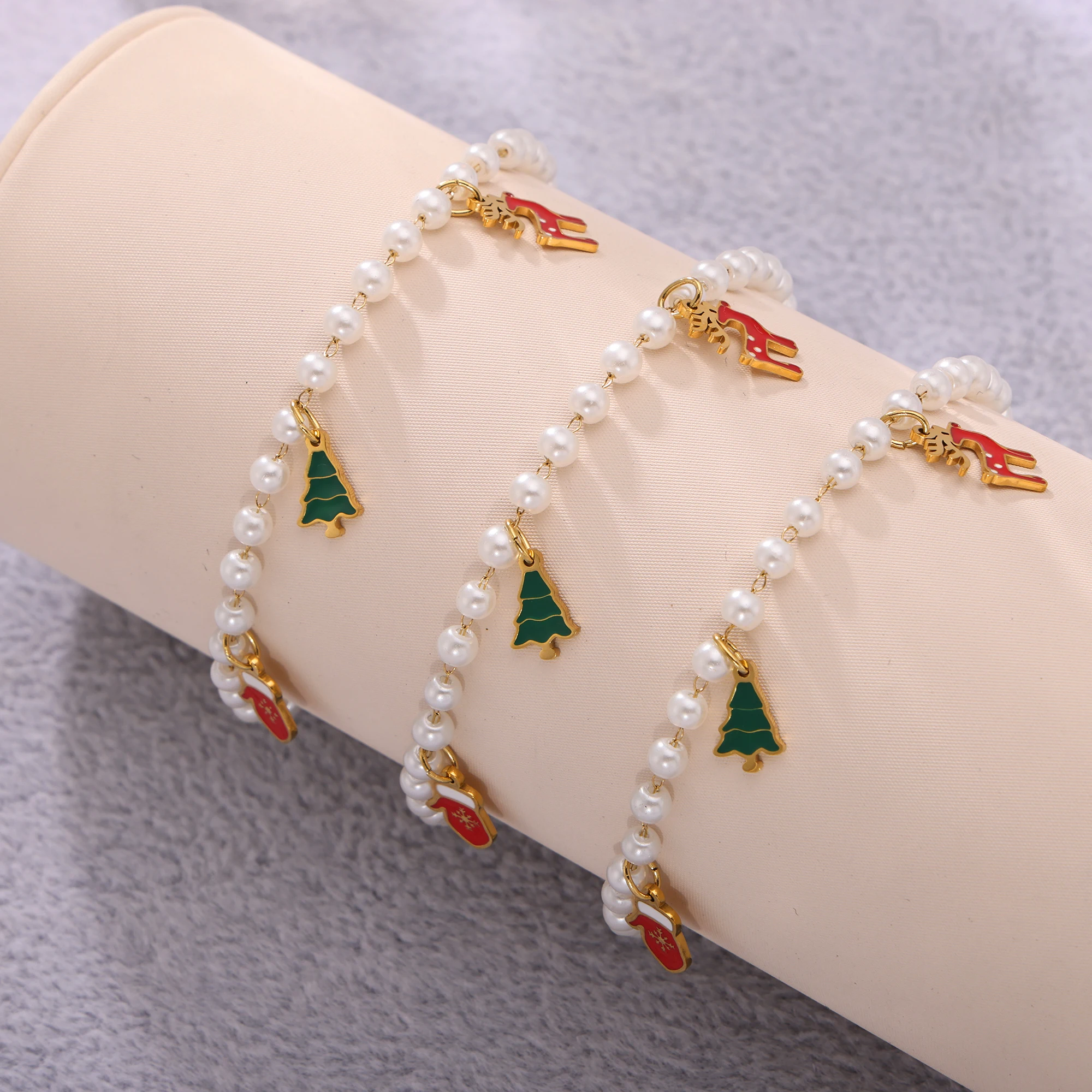 Hirsch-Weihnachtsbaum-Handschuh-Anhänger, Halsketten, Armbänder für Damen, 316L Edelstahl, Imitationsperlen-Strang, Schmuckset – Detail 6