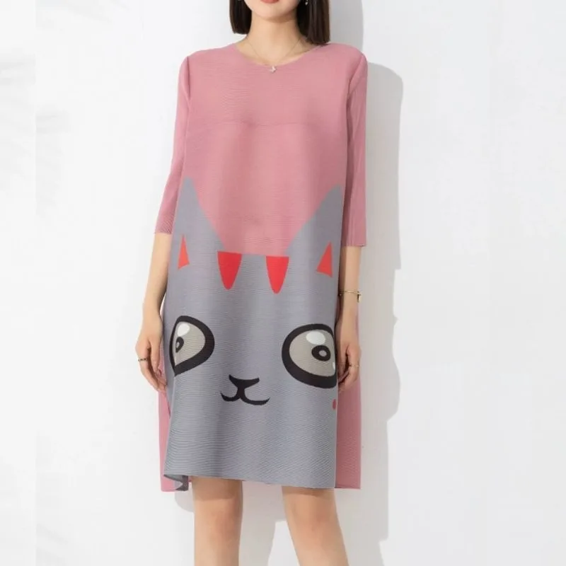 

Pleated dress female cat print color blocking 3/4 sleeve dress female 2023 casual o neck commuting A-line long dress female tops