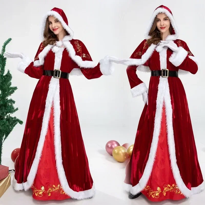 

Women Christmas Deluxe Mrs. Claus Costume Set Velvet Dress Hooded Cloak Cape Belt Gloves for New Year Holiday Party Cosplay