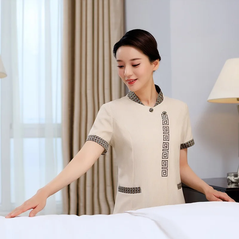 

Women's cleaning workwear for hotel and guesthouse room service staff, summer attire for property cleaning staff, short-sleeved