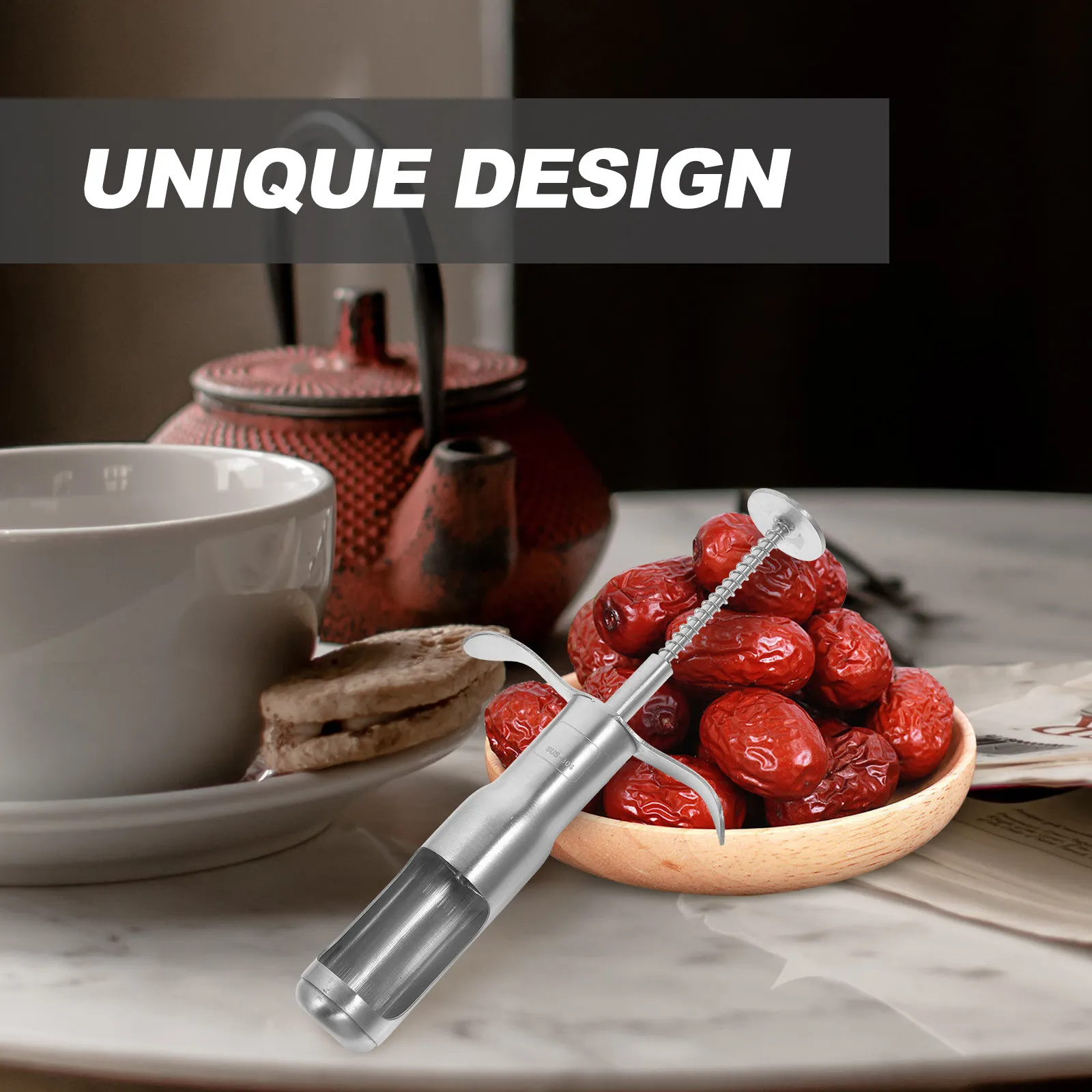 Stainless Steel Fruit Core Remover for Dates Cherries and More Quick Efficient Pitting Tool Keeps Fruit Intact Ergonomic Kitchen
