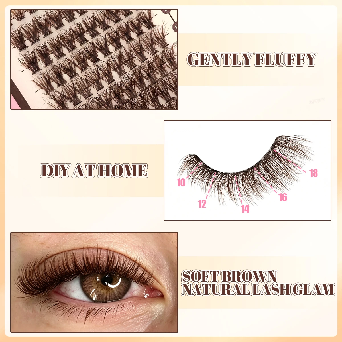 QUEENICE Weiches Braunes Wimpern-Cluster-Set, Gemischte Längen 10-18mm, Natürliches Volumen, Flauschige Manga-Wimpern, Hohe Kapazität, Hochzeitsgeschenk für Damen – Detail 4
