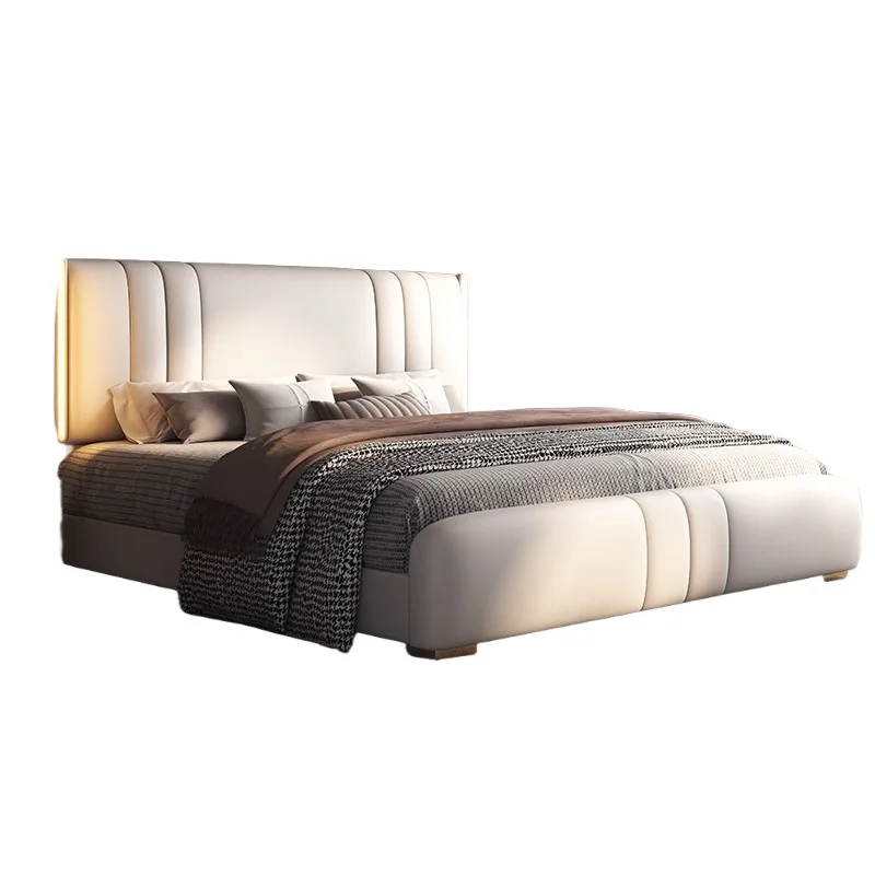 Modern Deluxe (Queen) LED Light Bed for Hotel Villa, Soft Storage Rotary Fabric Upholstered Bedroom Set with Wood Frame