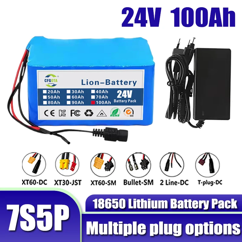 7S5P battery pack 24V 100Ah 18650 lithium-ion battery pack with built-in BMS, 29.4V 2A charger, for electric scooters