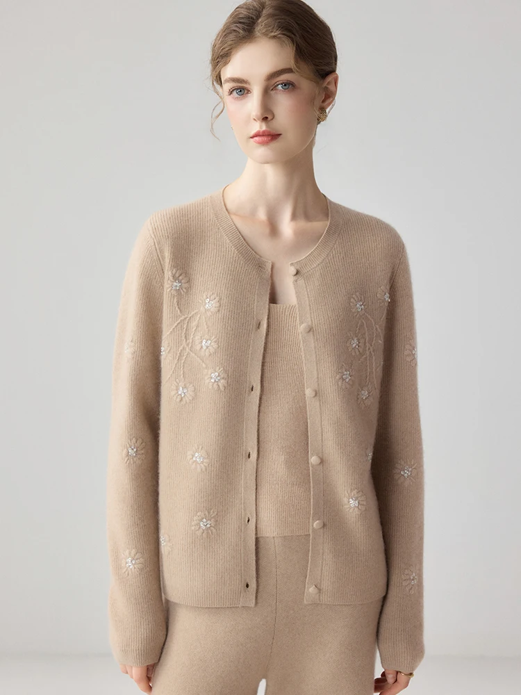 TLOML Women 100% Cashmere Sweater O-neck Hand Embroidered Nail Beads Cardigan Autumn Winter Cashmere Knitwear Soft Warm Chic Top