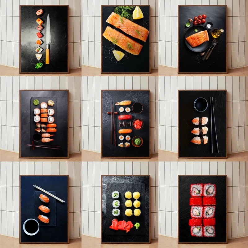 Modern Kitchen Japanese Cuisine Sushi Salmon Tray Advanced Poster Canvas Printing Home Room Wall Decoration Frameless Painting