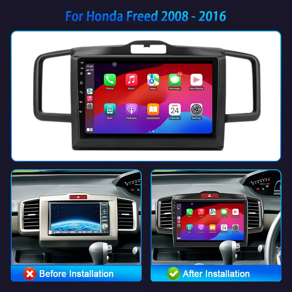 Wireless Carplay Stereo Screen For Honda Freed 2008 - 2016 4G WIFI Bright Black  Car Radio Android 14