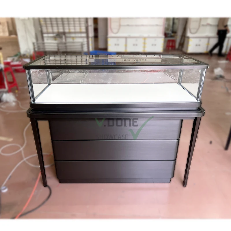 

Customize.Simple Black Jewelry Display Cabinet Metal Jewelry Counter with Tempered Glass Showroom Display Table Jewe