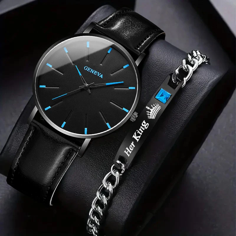 2pcs Men's College Handsome Quartz Watch with Bracelet Jewelry Set, Suitable for Daily Wear