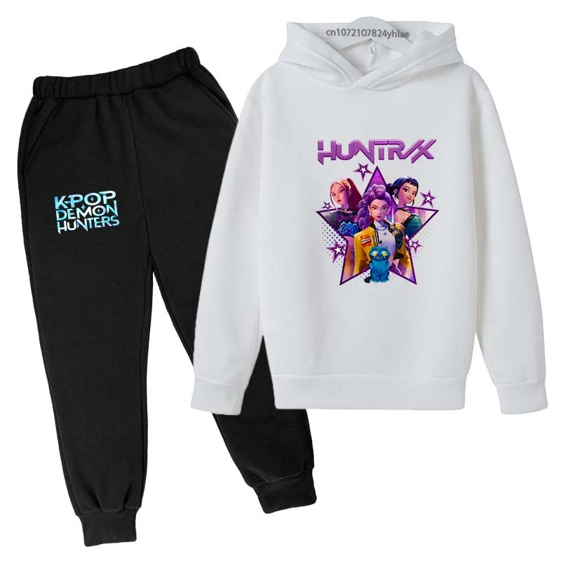 Kpop شيطان الصيادين الساخن الكرتون طباعة الاطفال الخريف الربيع عادية 2 قطعة هوديي السراويل رياضية 2-13 سنة الفتيان الفتيات الملابس مجموعات