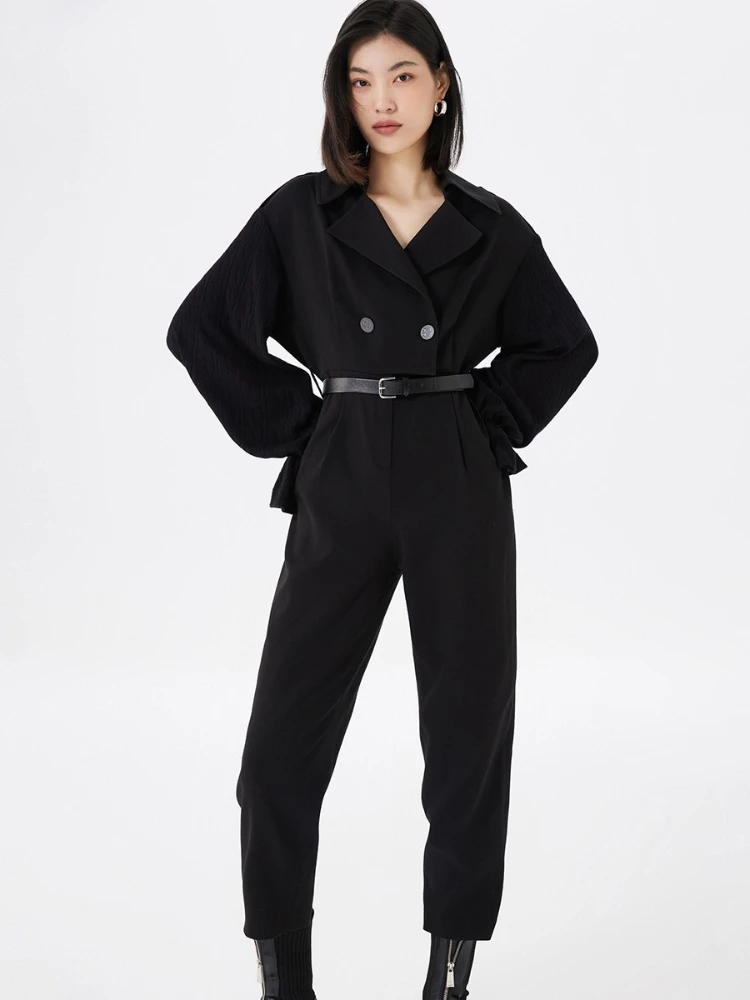 จั๊มสูทผู้หญิง แบรนด์ Ele สำหรับฤดูใบไม้ผลิและฤดูร้อน ปกเสื้อพับได้ กางเกงขายาวทรงแคปรี แฟชั่น ทรงแครอท ขาเรียว เอวสูง ใส่ได้หลากหลาย